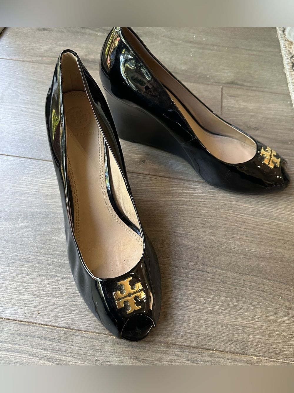 Tory Burch Black Patent Wedges Size 10.5